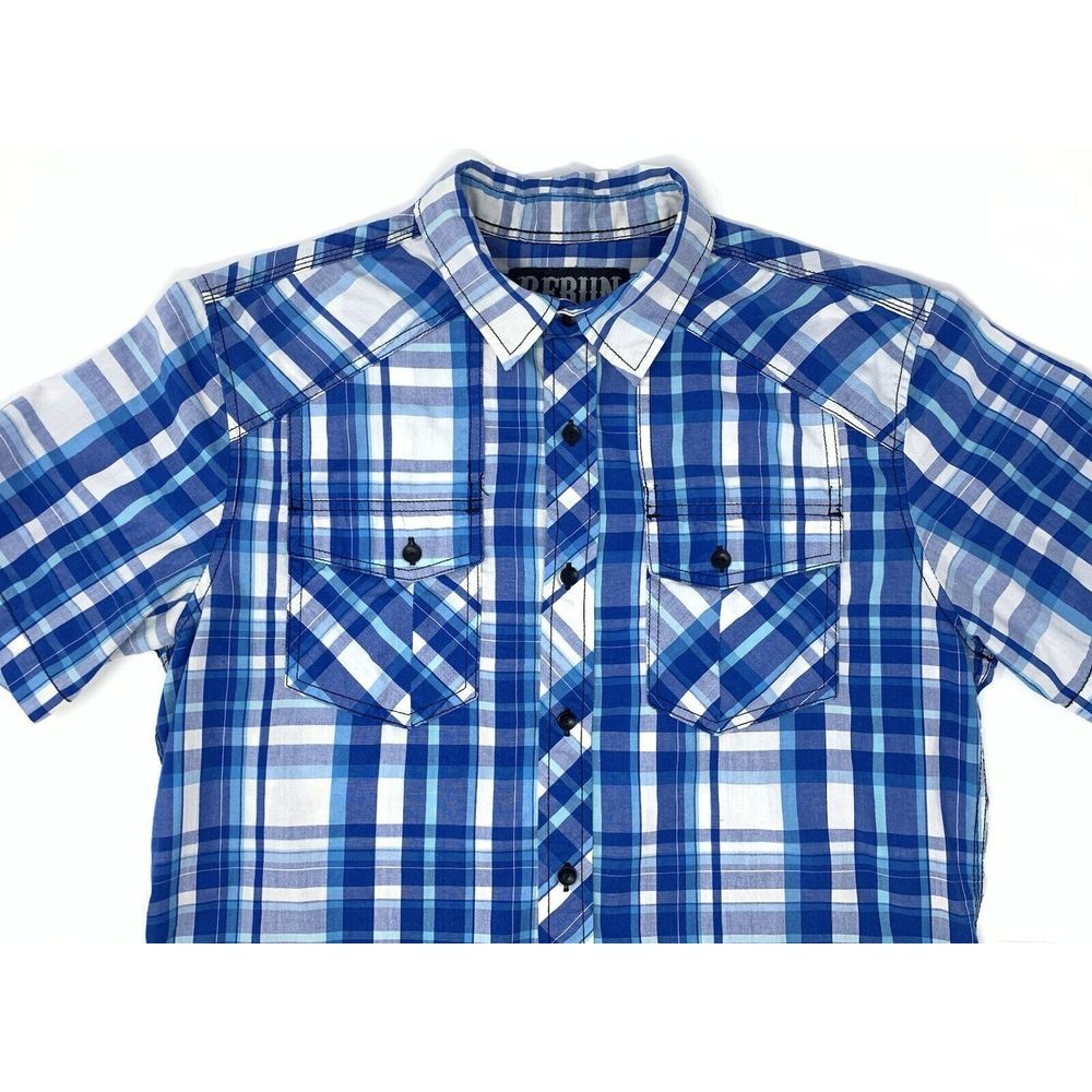 Rerun Blue & White‎ Plaid Western Men's Short Sleeve Shirt Size Medium - Picture 2 of 9